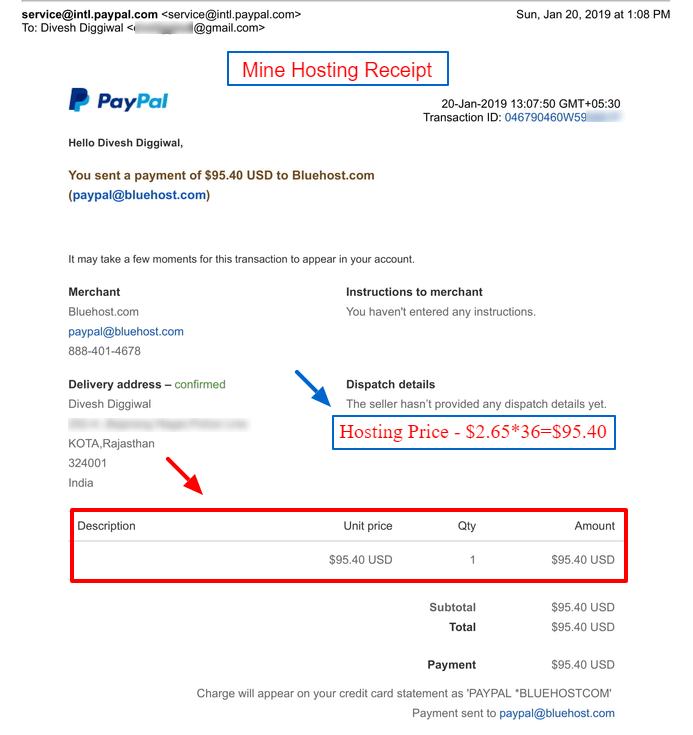 Bluehost hosting $2.65/month billing receipt