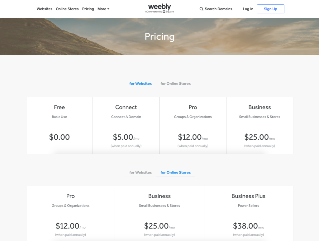 Weebly price plans