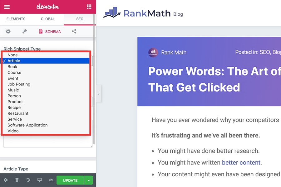 Rank Math - Rich Snippets in Elementor