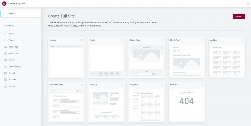 The dashboard of Elementor Theme Builder will display custom thumbnails if a website doesn't have pages yet.