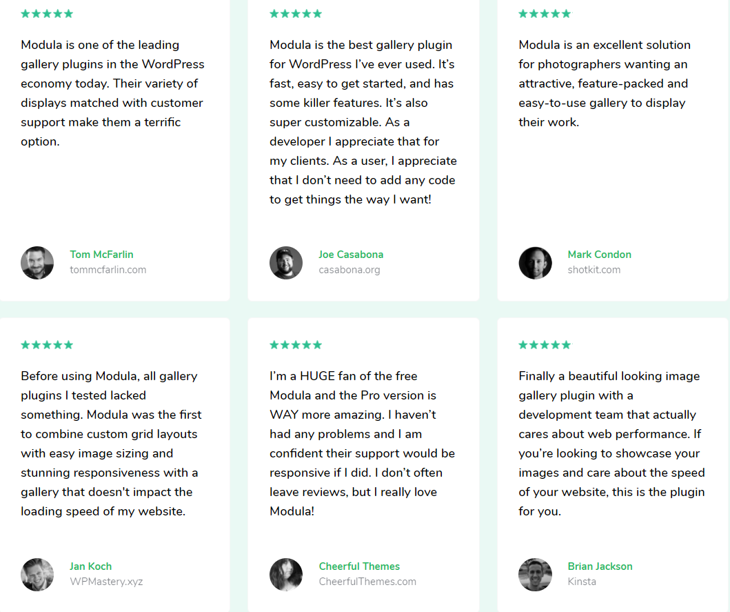 Modula WordPress plugins displays many pleased customer reviews.