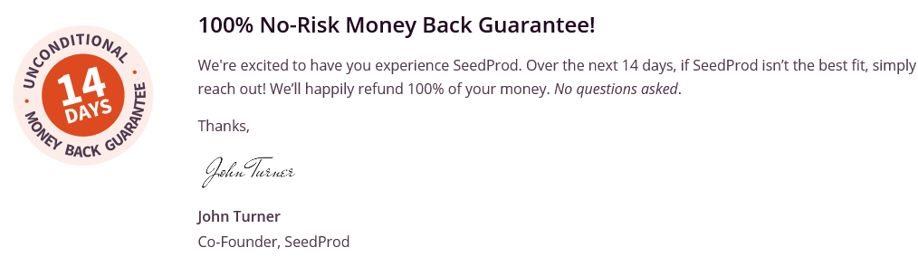 SeedProd offers a 14 day guarantee